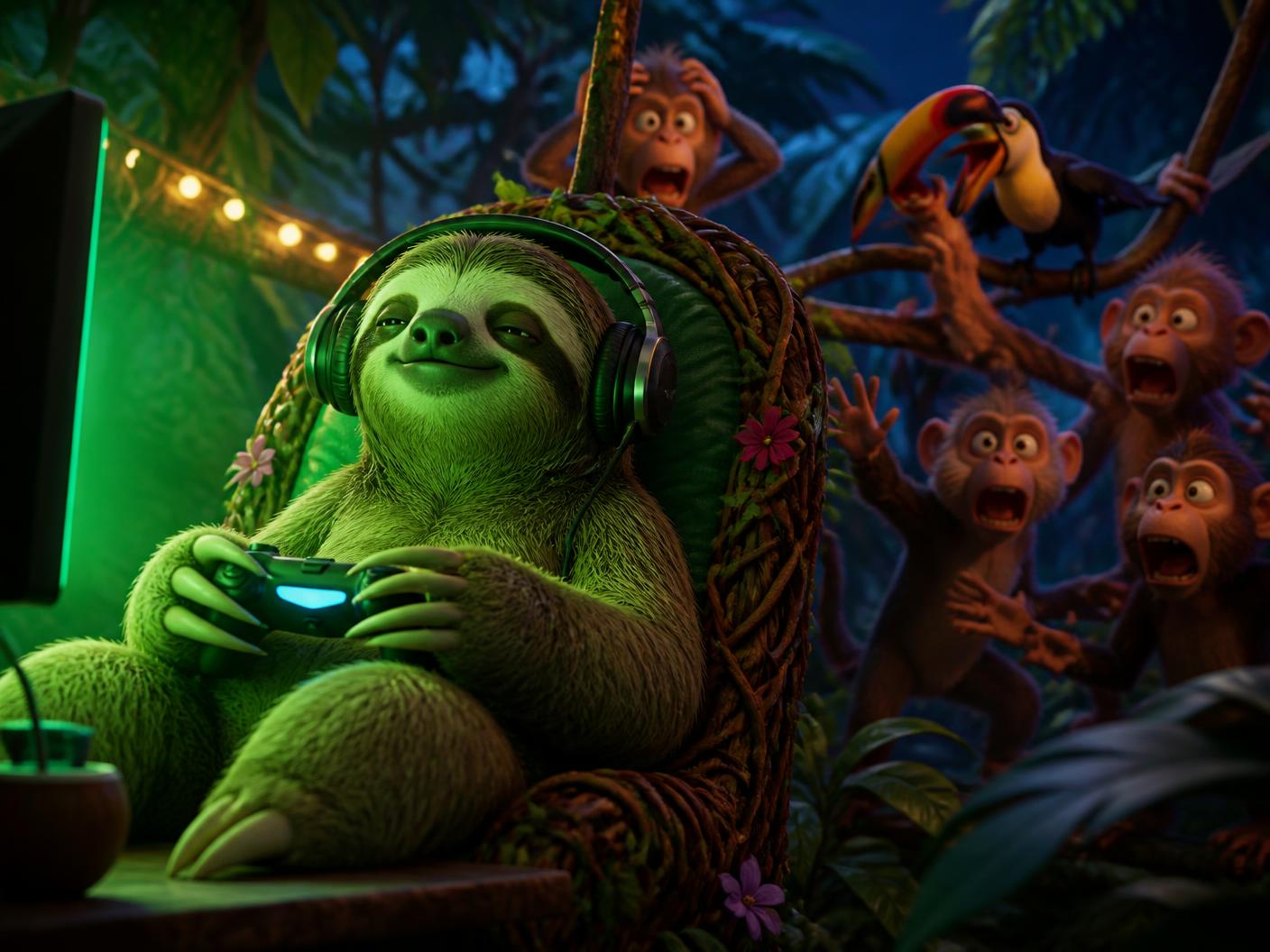 The Zyla sloth gaming in headphones while the jungle panics behind him