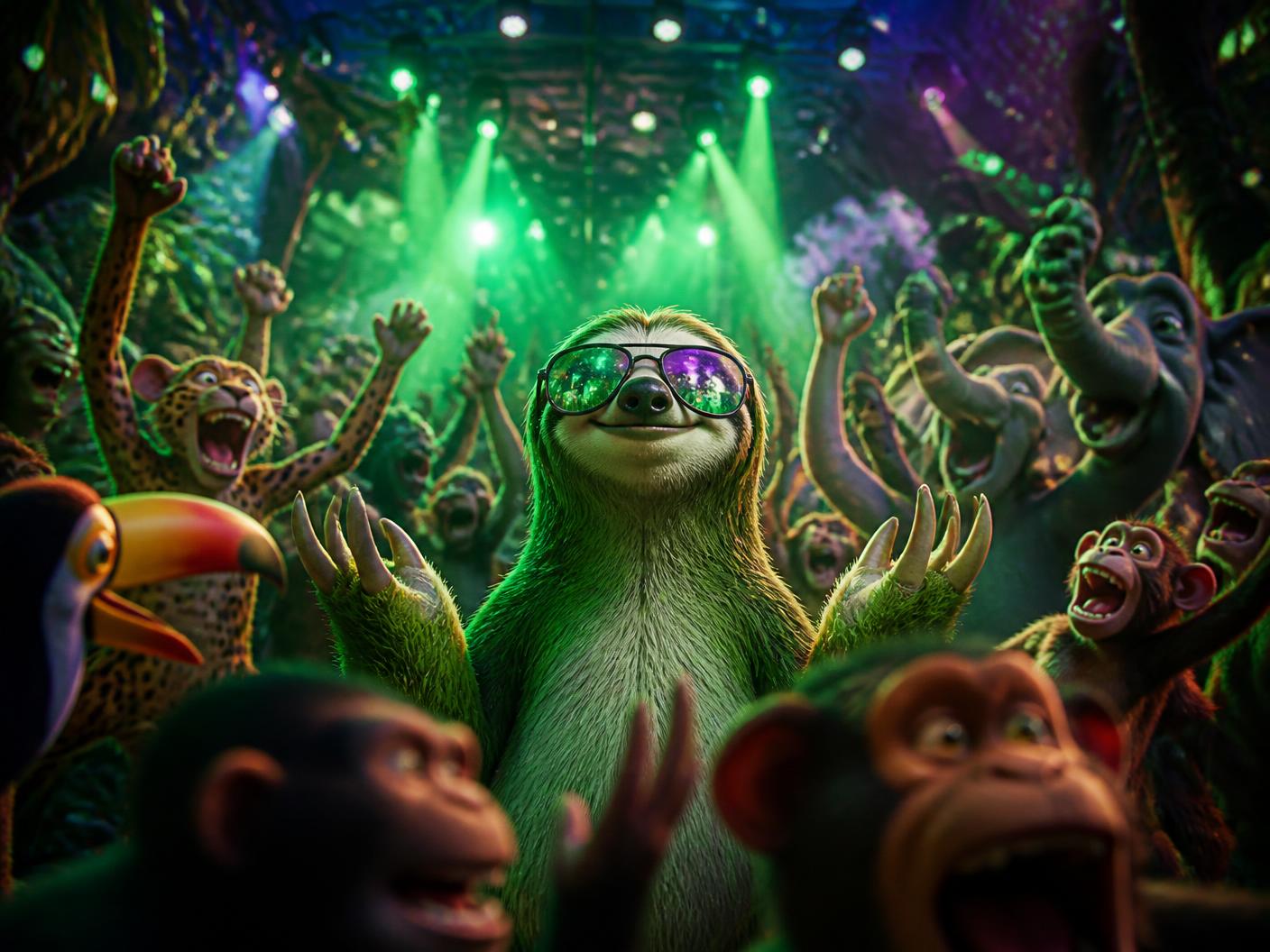 The Zyla sloth staying calm in the middle of a wild jungle festival crowd