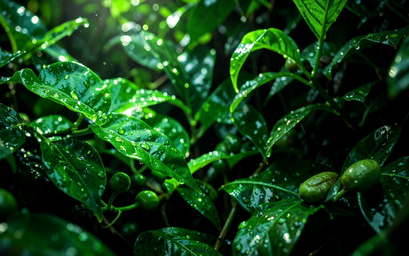 Wet green coffee leaves in vivid jungle light