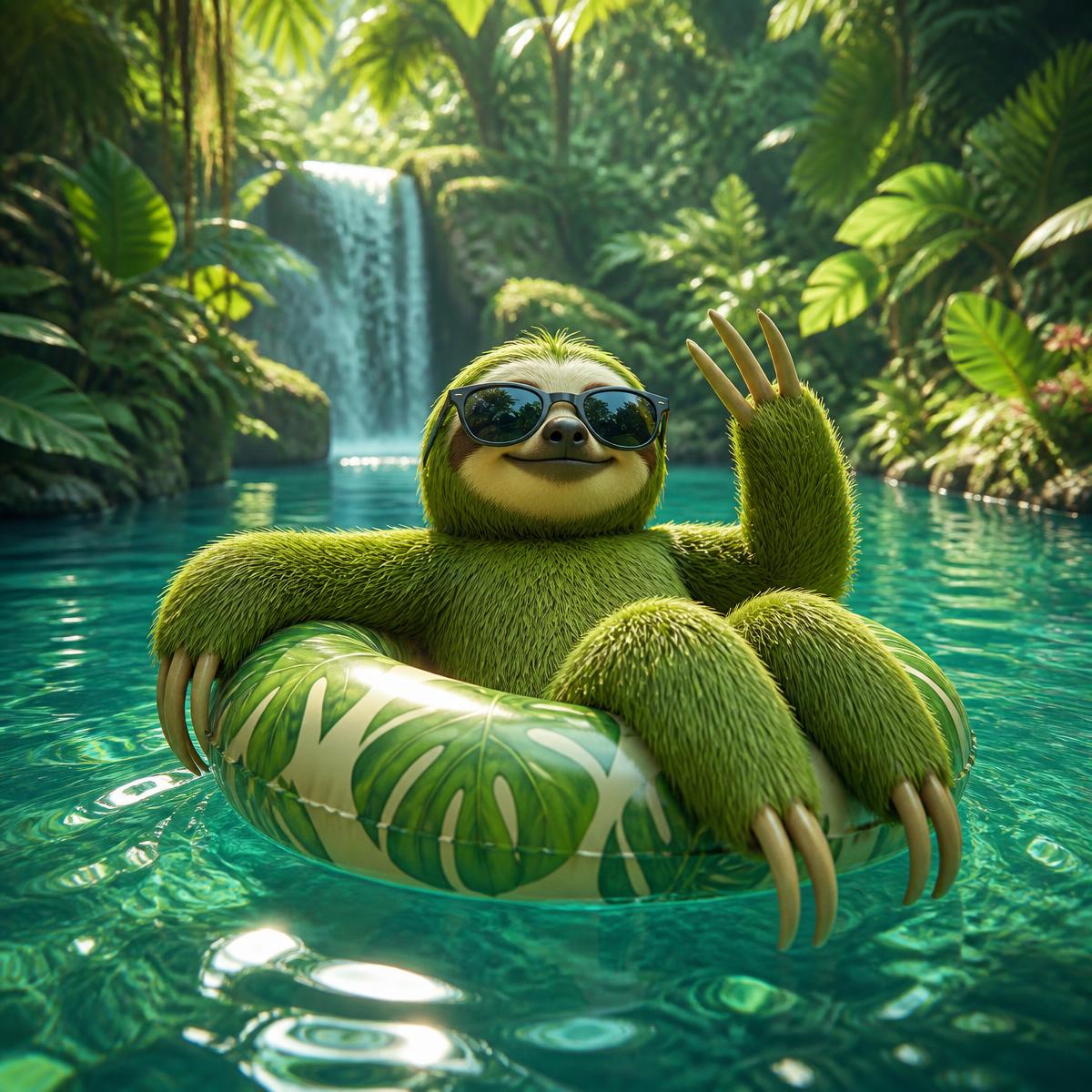 Playful green sloth floating on a ring in a turquoise jungle pool