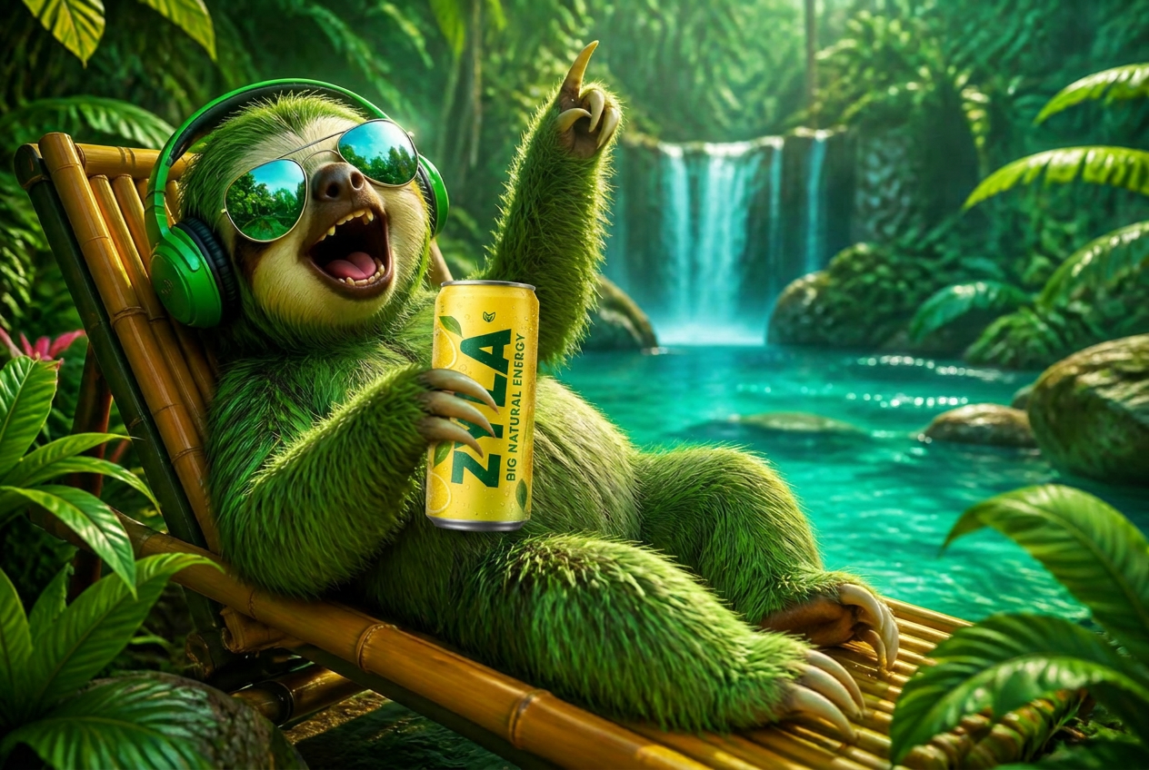 Playful green sloth in sunglasses and headphones lounging by a jungle waterpool with a Zyla