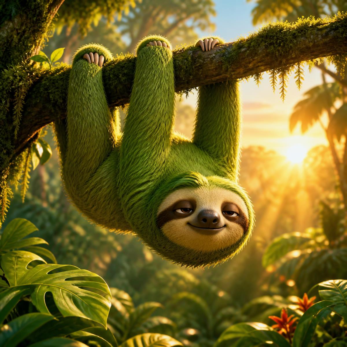 Playful green sloth hanging from a jungle branch at sunrise