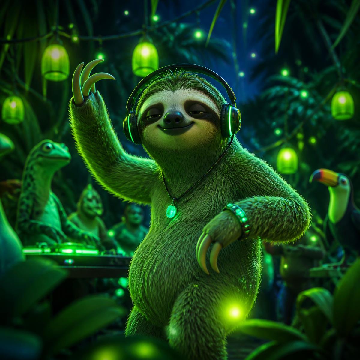 Playful green sloth dancing at a jungle night party in green light