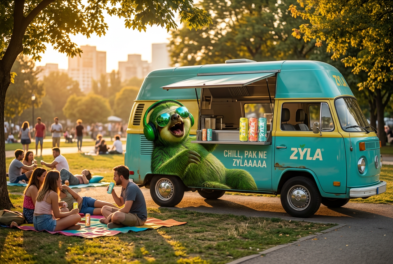 Zyla Chill Truck wrapped in turquoise and yellow in a park at golden hour