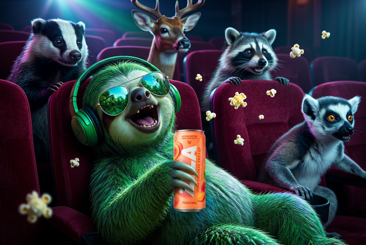 The Zyla sloth in a cinema seat holding an orange Peach Chill can
