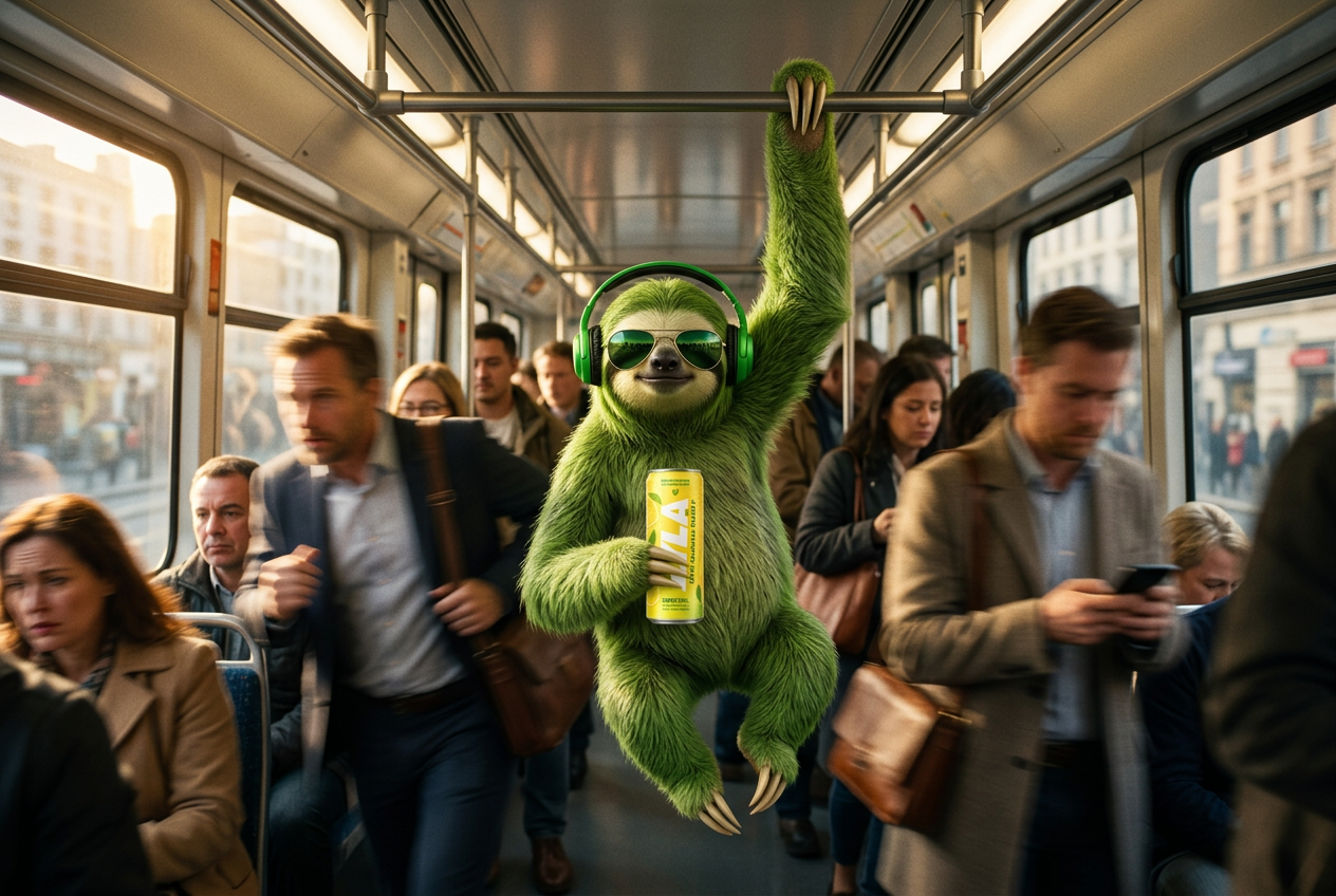 The Zyla sloth hanging from a tram handrail holding a yellow Lemon Chill can