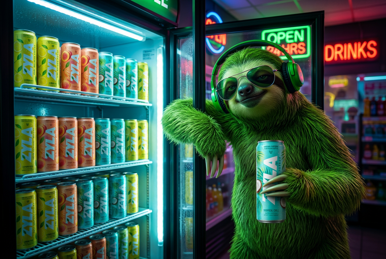 The Zyla sloth at a neon night shop fridge full of Zyla cans holding a turquoise Tropical Chill can