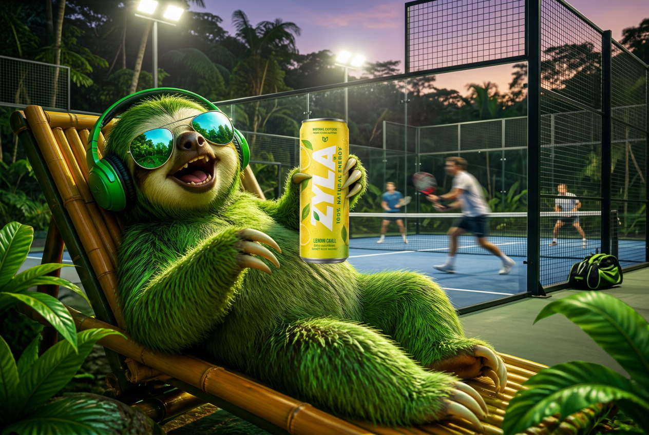 The Zyla sloth courtside at a floodlit padel court holding a yellow Lemon Chill can