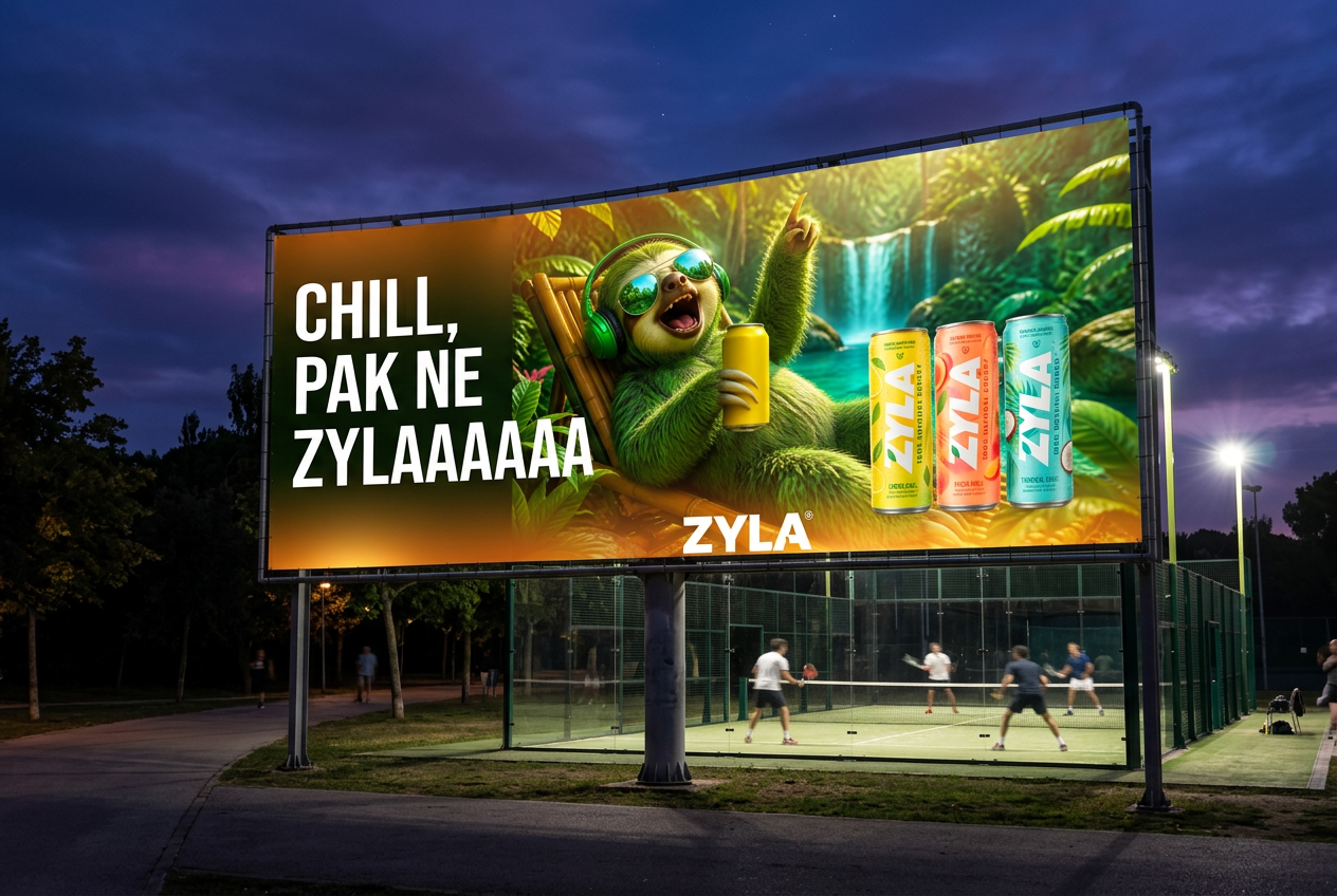 Zyla billboard beside a floodlit padel court at night