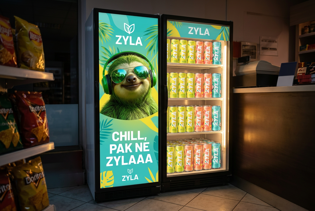 Night shop fridge wrapped in Zyla artwork and filled with Lemon, Peach and Tropical Chill cans