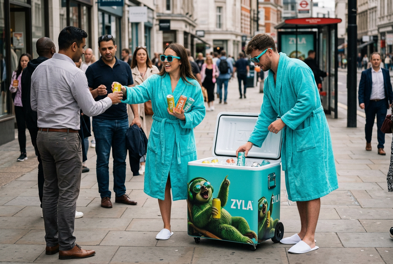 Brand ambassadors in turquoise bathrobes handing out Zyla cans on a city street