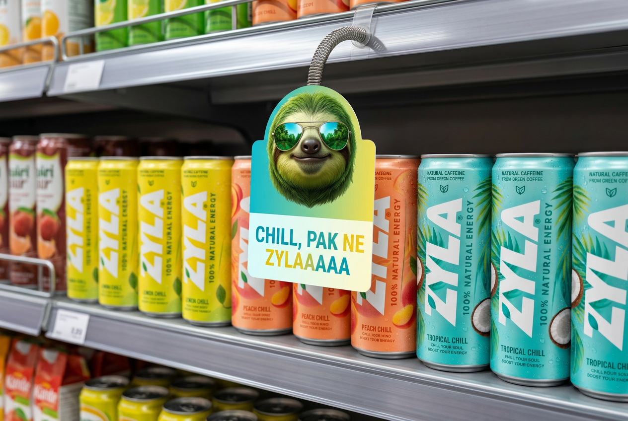 Zyla shelf wobbler on a supermarket shelf next to Lemon, Peach and Tropical Chill cans