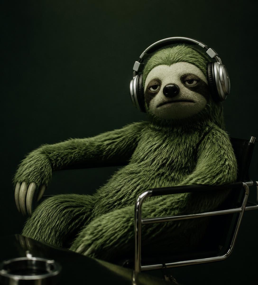 The Zyla mascot: a deadpan green sloth puppet